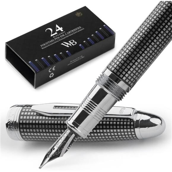 Fountain Pen-(Black Checked), Luxury Case, Stainless